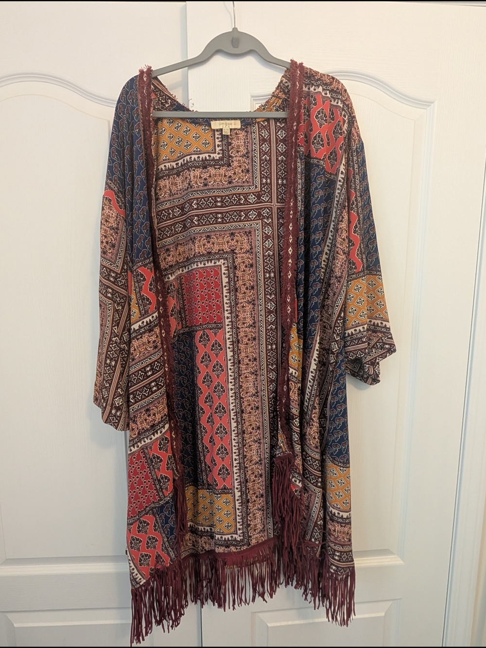 Umgee Boho Patchwork Kimono in Mustard, Navy & Burgundy
